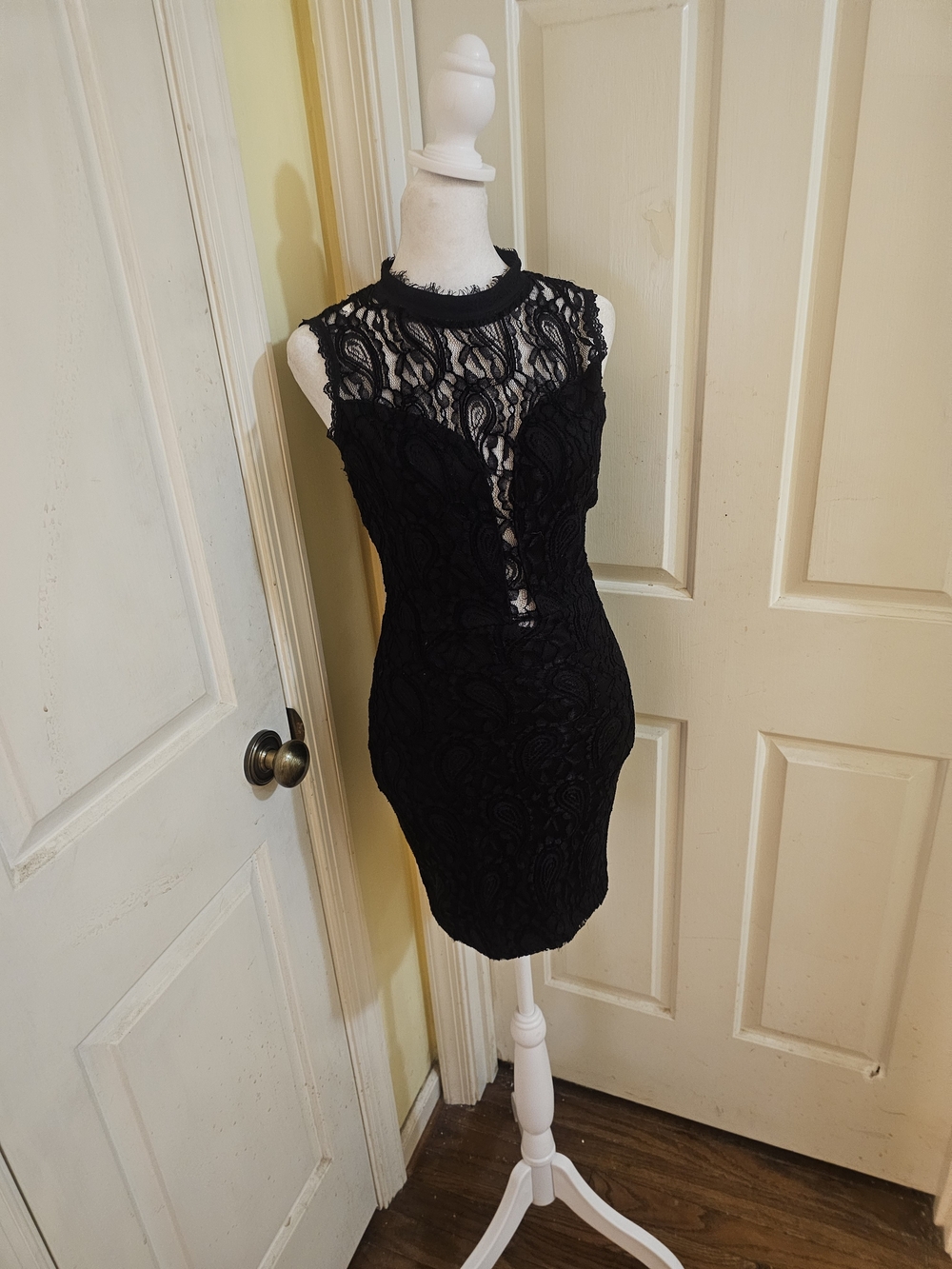 Windsor Black Lace Mini Dress with Sheer High Neck